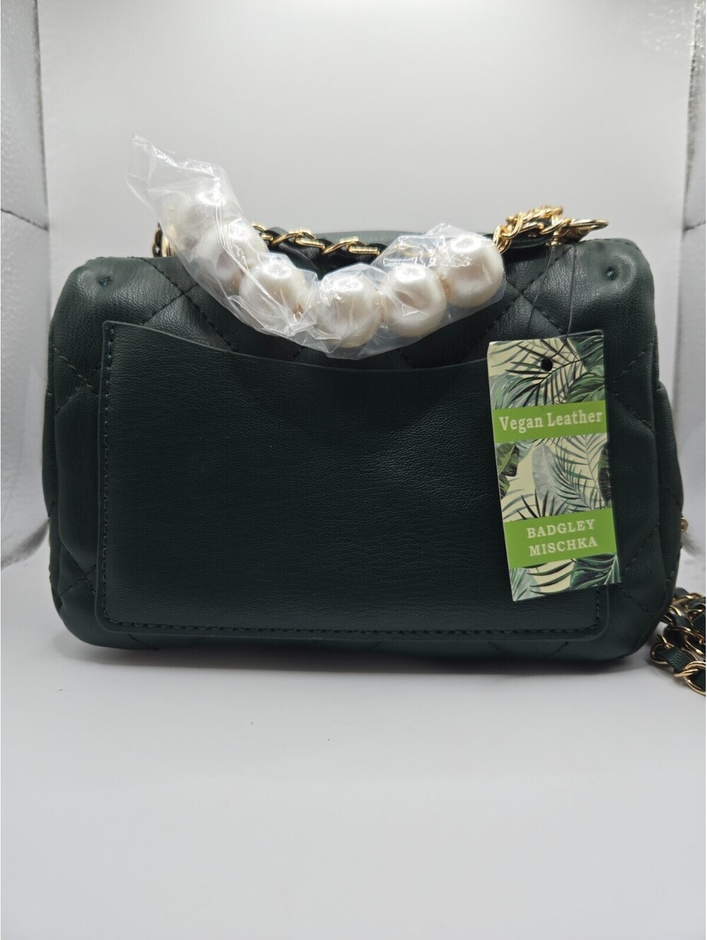 Badgley Mischka Quilted Crossbody Bag Green Gold Studded Pearl Handle NWT New - Picture 6 of 15